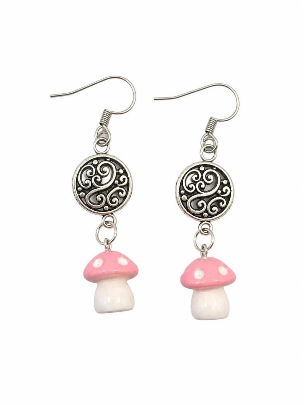 Handmade pink mushroom dangle earrings